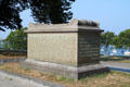 Monument marking first burying grounds of Mayflower passengers over Plymouth harbor. Plymouth, MA.