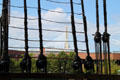 Bunker Hill Bridge seen through rigging of USS Constitution. Boston, MA.