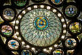 Stained glass window with Massachusetts state seal in State House. Boston, MA.