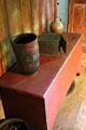 Chest with leather fire bucket & fire safe at John Balch Museum House. Beverly, MA.