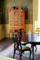 High chest of drawers & drop-leaf table in bedroom at Jeremiah Lee Mansion. Marblehead, MA.