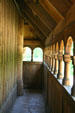 Exterior gallery of Hopperstad Stave Church replica at Heritage Hjemkomst Interpretive Center. Moorhead, MN.
