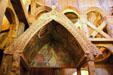 Painted canopy of pulpit in Hopperstad Stave Church replica at Heritage Hjemkomst Interpretive Center. Moorhead, MN.