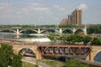 Stone Arch Bridge & Third Avenue Bridge across Mississippi River at Falls of St. Anthony. Minneapolis, MN.