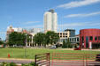 Skyline of Rochester with Broadway Plaza over Mayo Civic Center. Rochester, MN.