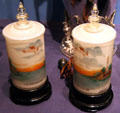 Pair of lamps with paintings on glass shades marking Lindbergh's 1927 New York to Paris flight at Missouri History Museum. St. Louis, MO.