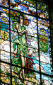 Winged figure proclaiming morality, quality, temperance on Missouri values stained glass window at Missouri State Capitol. Jefferson City, MO.