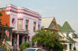 Brightly colored heritage buildings on West Side. Butte, MT.