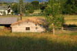 Log building with sod roof at Museum of the Rockies. Bozeman, MT.
