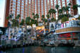 Entrance of Treasure Island Hotel at dusk. Las Vegas, NV.
