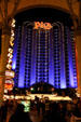 Plaza Hotel at end of Freemont Street at night. Las Vegas, NV.