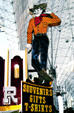 Frontier Casino cowboy figure Lucky Luke on Freemont Street in daylight which has become symbol of Las Vegas. Las Vegas, NV.
