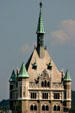 Top of Tower of SUNY Admin building with model of Henry Hudson's ship Half Moon at pinnacle. Albany, NY.