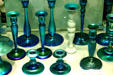Steuben Blue Aurene glass candlesticks at Corning Museum of Glass. Corning, NY.