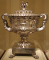 Reverse side of Silver presentation vase with scenes of Erie Canal by Thomas Fletcher & Sidney Gardiner of Philadelphia at Metropolitan Museum of Art. New York, NY.