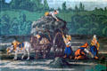 Detail of hay harvesting in countryside on "Paysages à Chasse" wallpaper by Zuber Cie. of France in dining room at Lindenwald. Kinderhook, NY.