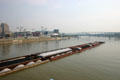 Barge on Ohio River plus Great American Ball Park & bridges. Cincinnati, OH.