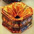 Flint enamel spittoon with gothic design at Museum of Ceramics. East Liverpool, OH.