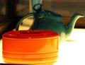 Orange dish with lid by Hall China Co. of East Liverpool at Museum of Ceramics. East Liverpool, OH.