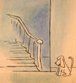 Thurber drawing with dog at stairway at The James Thurber House. Columbus, OH.