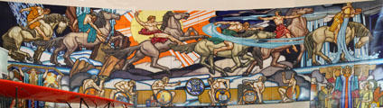 Man's Conquest of the Elemental Forces of Nature porcelain enamel mural for New York World's Fair Home by J. Scott Williams , Daniel Boza & Cleveland Ferro Enamel Corp. Then exhibited in concourse of Terminal Tower, Cleveland. Now at Cleveland History Center. Cleveland, OH.