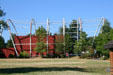 End of the Oregon Trail Interpretive Center with sculptured frames in shape of covered wagon. Oregon City, OR.