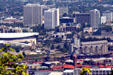 Skyline of Portland Rose Garden Arena & hotel district through to Union Station. Portland, OR.