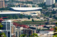 Portland Rose Garden Arena & NW Broadway Bridge over Willamette River. Portland, OR.