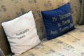 "Familiarity breeds" & "My Decision is Maybe and That's Final" pillows in Morning Room at Rough Point. Newport, RI.