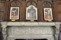 3 German religious paintings show Sts. Peter & Paul surrounded by a crowd of Roman Soldiers; St Julian the Hospitaler with a Carthusian Monk; Peter & Simon Magus before Emperor Nero in Rome, above a sorcerer and two devils at Rough Point. Newport, RI.