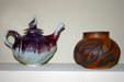 Teapot by Kevin Finegan & carved vase by Sara Katherine Boyd in Southwest Crafts Center. San Antonio, TX.