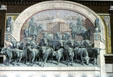 Mural monument to Chisholm Trail cattle drives by Richard Haas on Jett building. Fort Worth, TX