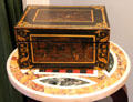 Wooden box inlaid with native-American & frontier scenes at Bayou Bend. Houston, TX.