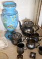 Painted blue glass vase & metal coffee service at Pioneer Museum. Fredericksburg, TX.
