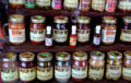 Local condiments & preserves in shop window. Fredericksburg, TX.