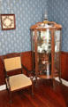 Vitrine with collection of ceramics & glass at Sauer-Beckmann Farmstead. Stonewall, TX.