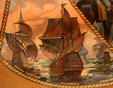 Jamestown ships Susan Constant, Godspeed & Discovery detail on Jamestown Exposition poster at Hampton Roads Naval Museum. Norfolk, VA.