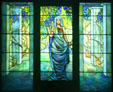 Stained glass window of Woman in Pergola with Wisteria by Tiffany Studios at Chrysler Museum of Art. Norfolk, VA.