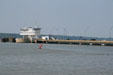 Car ferry Pocahontas docks near Jamestown on James River. Jamestown, VA.