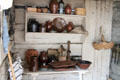 Redware pottery in Settlers' Cabin at Shelburne Museum. Shelburne, VT.