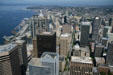 Skyscrapers of core of downtown Seattle seen from above. Seattle, WA.