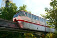 Alweg Monorail passes foliage of Seattle Center. Seattle, WA.