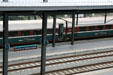Amtrak Cascades passenger cars at Seattle's King Street Station. Seattle, WA.