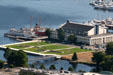 Historic Ship Wharf of Northwest Seaport Maritime Heritage Center & Seattle Armory in Lake Union Park seen from Space Needle. Seattle, WA
