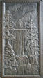 Panel of forest & waterfall on bronze doors of Washington State Capitol. Olympia, WA.
