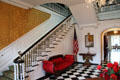 Georgian staircase & black Belgium & white Tennessee marble floor entrance at West Virginia Governor's Mansion. Charleston, WV