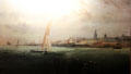Liverpool Landing Stage painting by WF Preston shows world's largest floating pier so boats can land at any tidal level at Merseyside Maritime Museum. Liverpool, England.