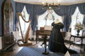 Black dress representing the "Two Ladies" era & Triple String harp at Plas Newydd. Llangollen, Wales.