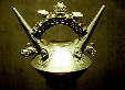 Lambayeque gold bottle with double spouts & handle in Gold Museum, Lima. Peru.